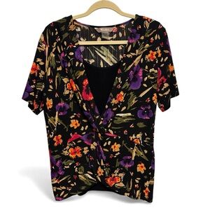 TanJay Women’s Medium Floral Top Black Built-In Tank Short Sleeve Colorful Twist